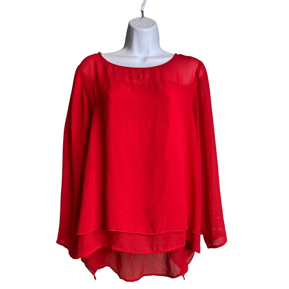 ADIVA Red Chiffon Oversized Layered Hem Long Sleeve Top Sz L‎ Boho-Chic Flowy